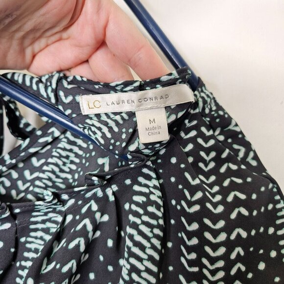 Lauren Conrad Bow Tie Keyhole Tie Short Sleeve Dark Grey ish Black Teal Top M - Picture 3 of 9